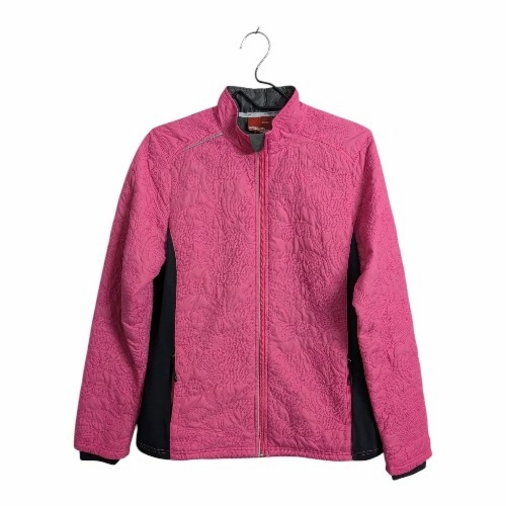 Saucony Pink Quilted Floral Pattern Full Zip Jacket Black Sides Mock Neck L